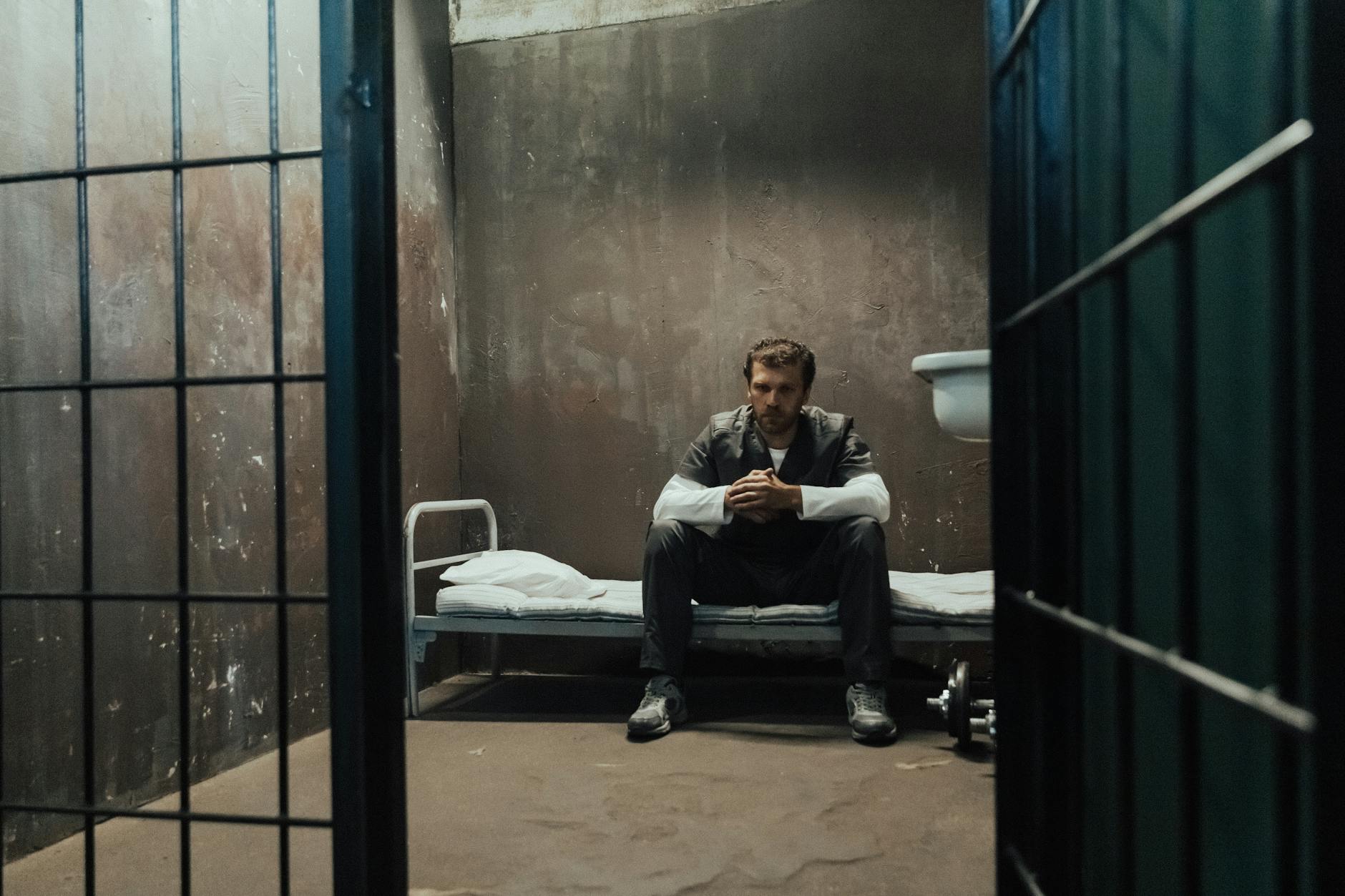 A man sits alone, reflecting inside a dimly lit prison cell.